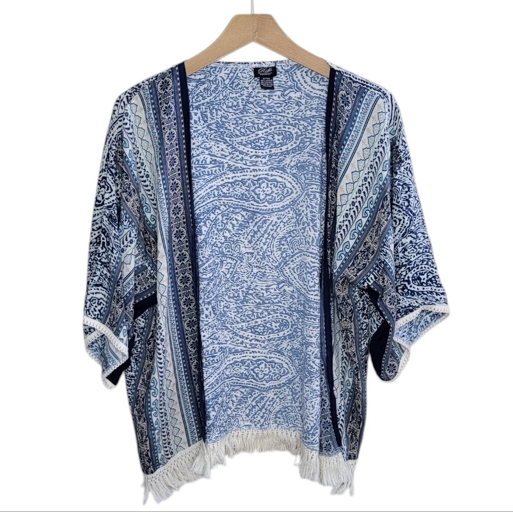 Anthropologie Roffe Boho Blue Print Kimono Cardigan Fringe Hem One Size Cottage